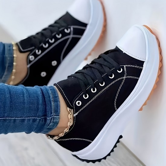 Women's Platform Canvas Sneakers, Casual Solid Color Lace Up Trainers, All-Match Walking Sports Shoes