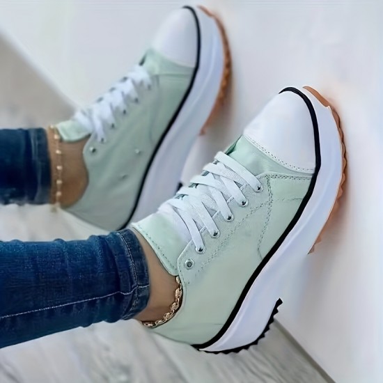 Women's Platform Canvas Sneakers, Solid Color Lace Up Low Top Trainers, Casualall-Match Walking Shoes
