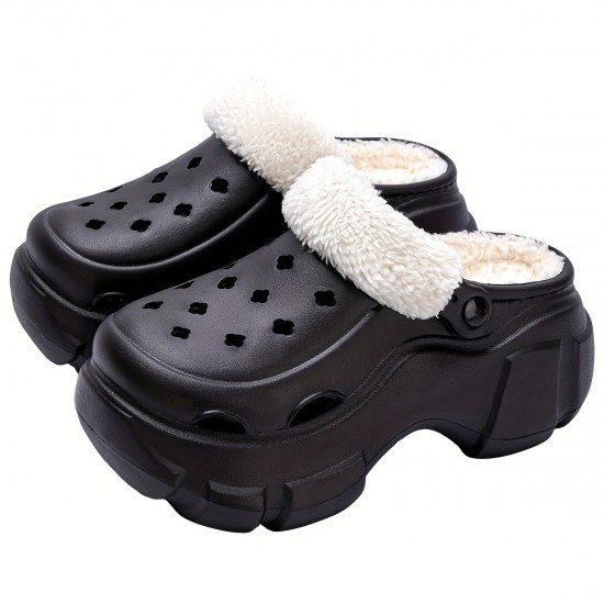 Solid Color Thermal Lined Clogs, Slip On Soft Sole Platform Non-slip Fuzzy Shoes, Winter Plush Closed Toe Shoes