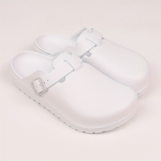 Women's Solid Color Clogs, Slip On Round Toe Buckle Decor Non-slip Soft Sole EVA Slides, Summer Casual Beach Shoes