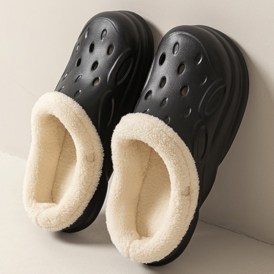 Solid Color Warm Lined Clogs, Slip On Soft Sole Platform Closed Toe Plush Shoes, Winter Non-slip Fuzzy Shoes