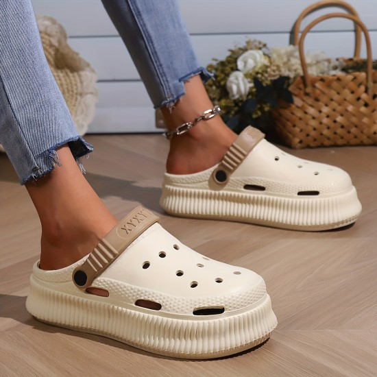 Women's Platform EVA Clogs, Solid Color Closed Toe Hollow Out Design Slides, Breathable Outdoor Sandals