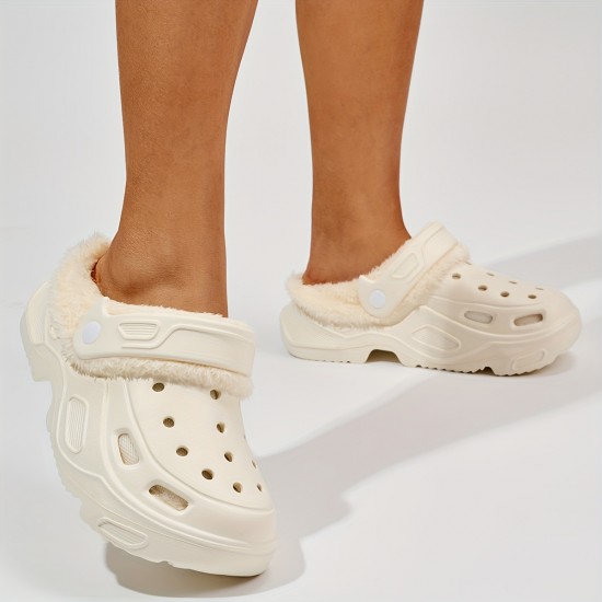Women's Hollow Out Design Platform Clogs, Casual Slip On Plush Lined Garden Shoes, Women's Comfortable Shoes