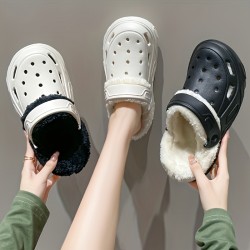 Solid Color Fluffy Detachable Clogs, Soft Sole Platform Thermal Lined EVA Shoes, Non-slip Closed Toe Plush Warm Slippers