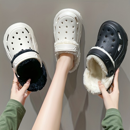 Solid Color Fluffy Detachable Clogs, Soft Sole Platform Thermal Lined EVA Shoes, Non-slip Closed Toe Plush Warm Slippers