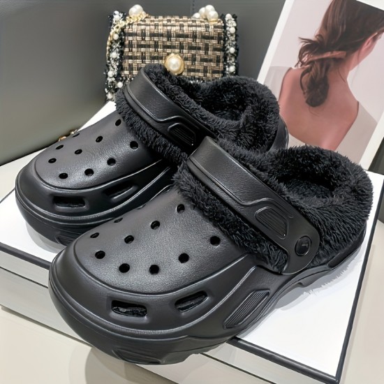 Solid Color Fluffy Detachable Clogs, Soft Sole Platform Thermal Lined EVA Shoes, Non-slip Closed Toe Plush Warm Slippers