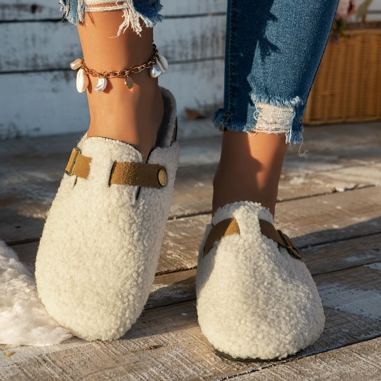 Women's Solid Color Fuzzy Mules, Slip On Soft Sole Lined Warm Shoes, Winter Non-slip Plush Shoes