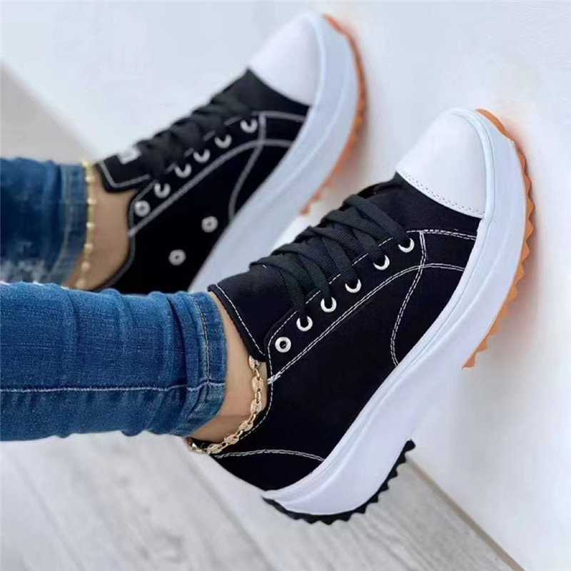 womens platform canvas sneakers solid color lace up low top trainers casualall match walking shoes details 6