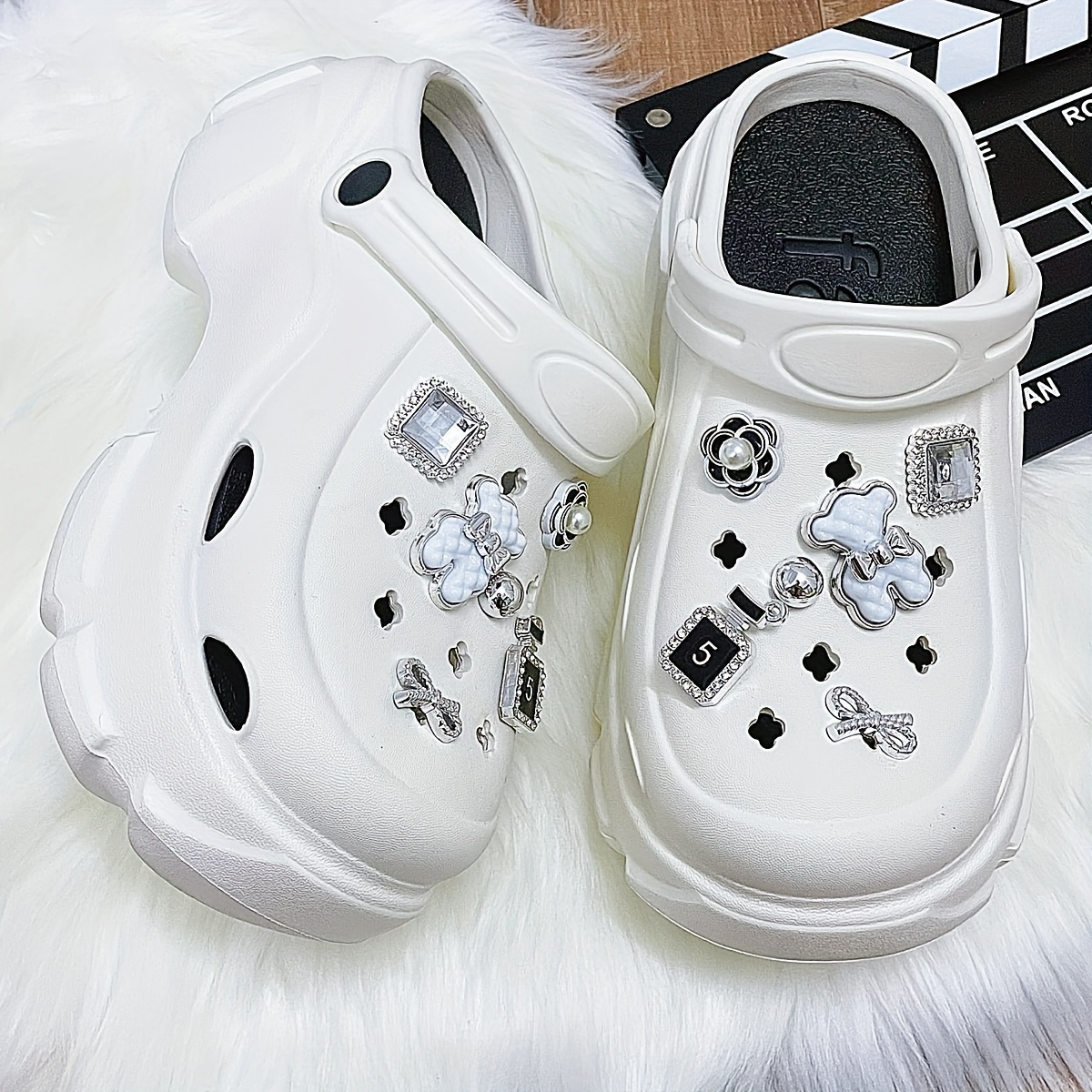 womens rhinestone decor clogs casual hollow out design garden shoes comfortable slip on shoes details 1