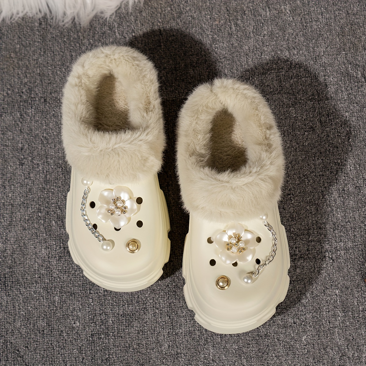 womens rhinestone chaine decor clogs closed toe soft sole platform warm lined shoes winter non slip plush shoes details 3