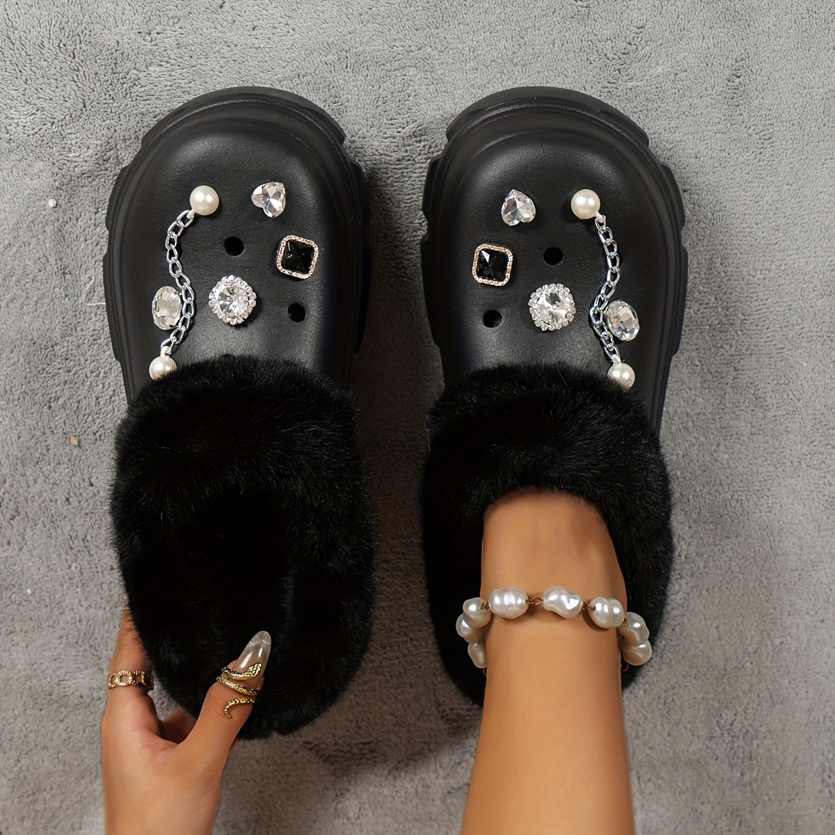 womens rhinestone chaine decor clogs closed toe soft sole platform warm lined shoes winter non slip plush shoes details 10