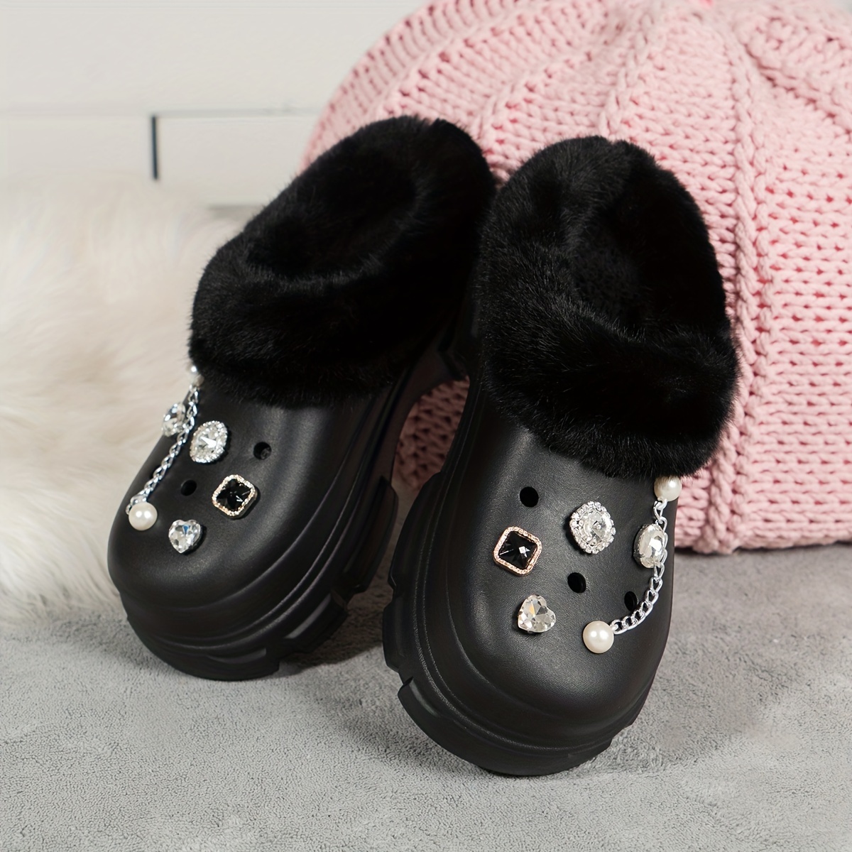 womens rhinestone chaine decor clogs closed toe soft sole platform warm lined shoes winter non slip plush shoes details 12
