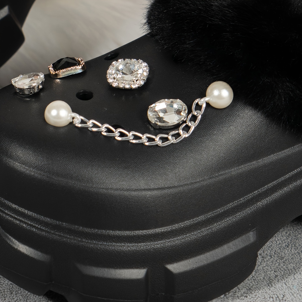 womens rhinestone chaine decor clogs closed toe soft sole platform warm lined shoes winter non slip plush shoes details 13