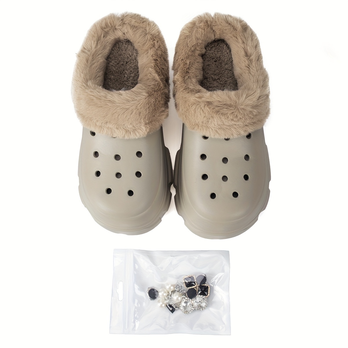 womens rhinestone chaine decor clogs closed toe soft sole platform warm lined shoes winter non slip plush shoes details 24