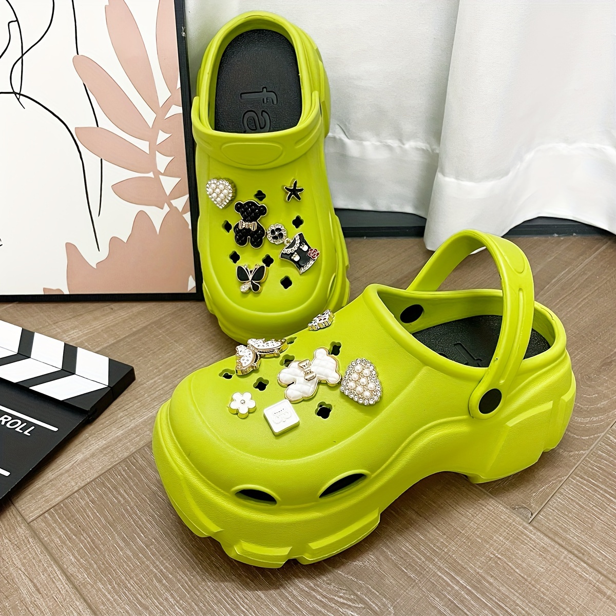 Women s Cute Bear Decor Platform Clogs, Casual Hollow Out Design Garden Shoes, Comfortable Slip On Shoes details 3