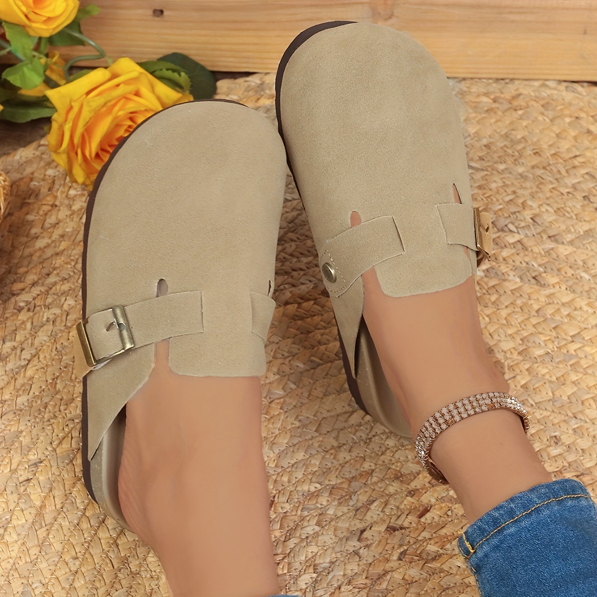retro flat mules, womens retro flat mules solid color closed toe buckle strap slide shoes all match outdoor slides details 6