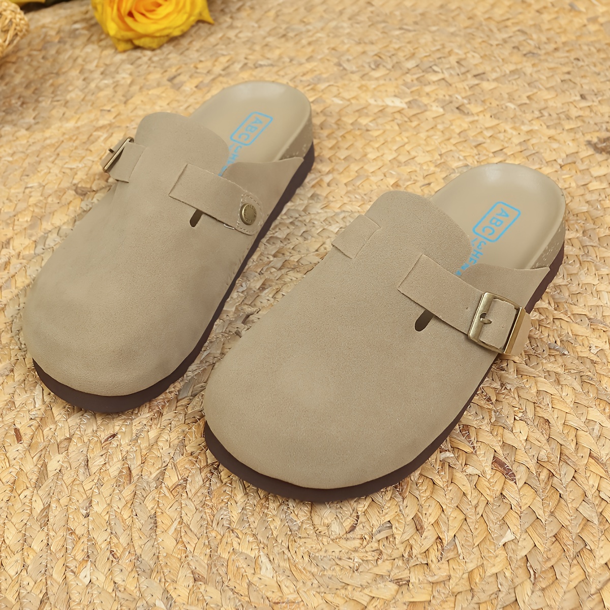 retro flat mules, womens retro flat mules solid color closed toe buckle strap slide shoes all match outdoor slides details 7