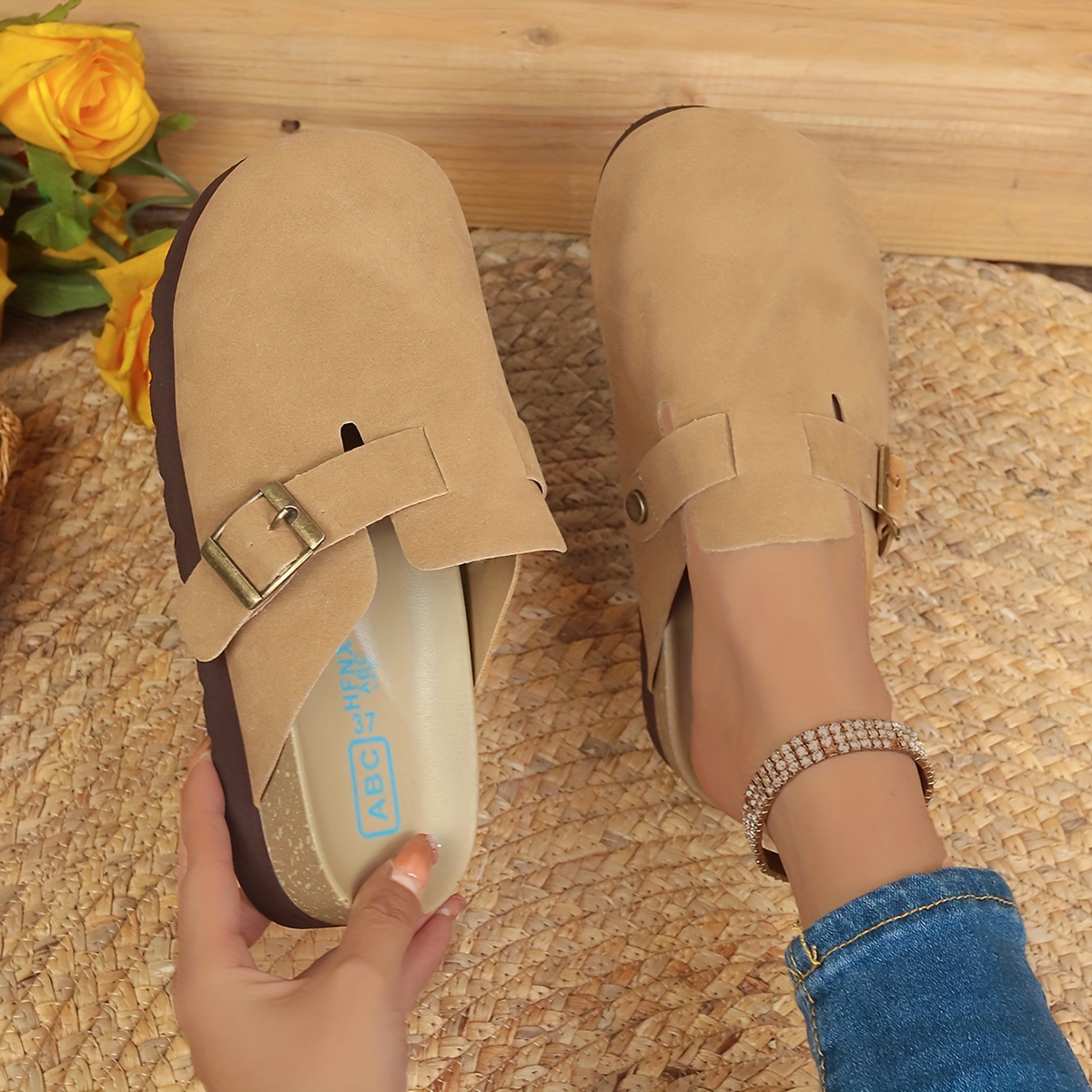 retro flat mules, womens retro flat mules solid color closed toe buckle strap slide shoes all match outdoor slides details 8