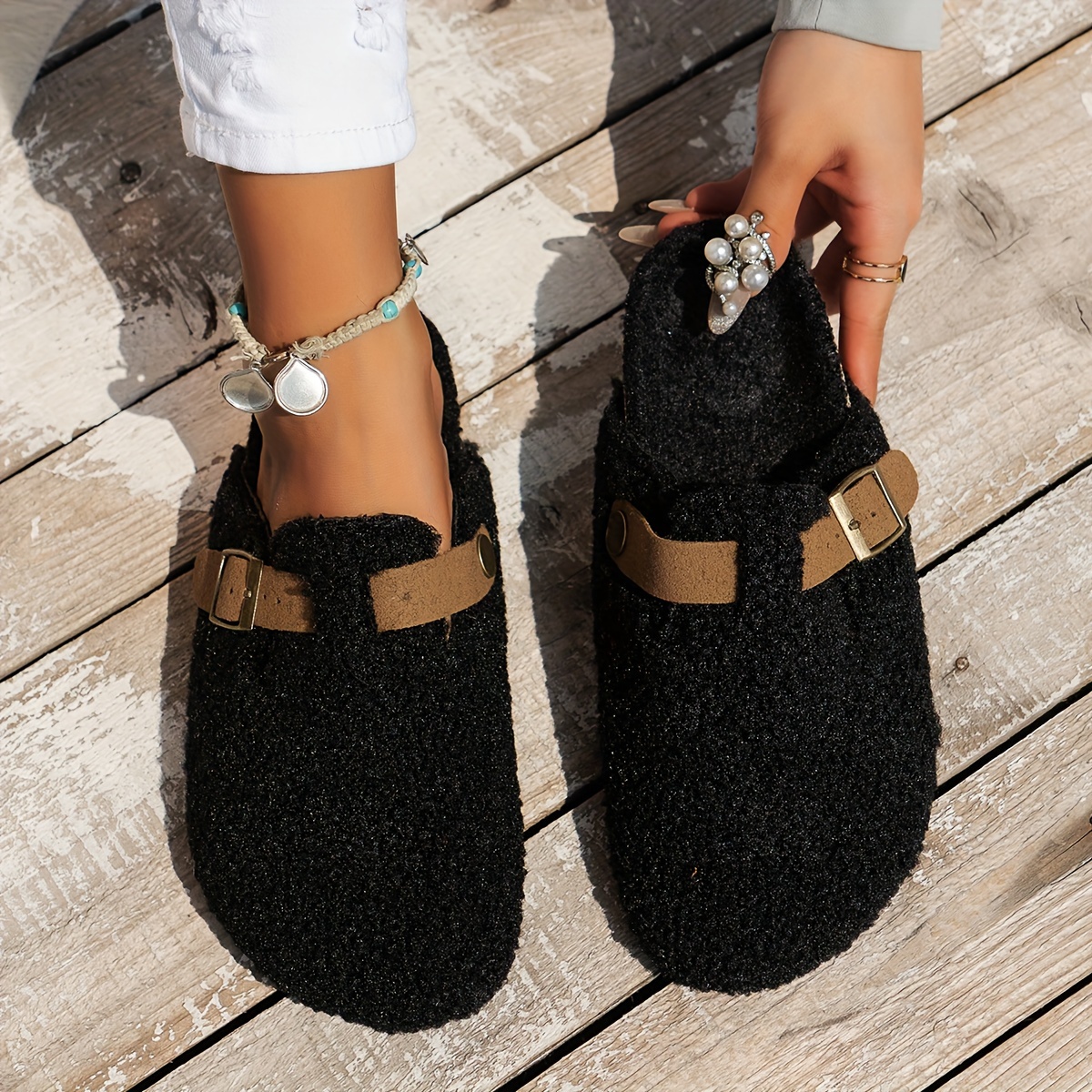 womens solid color fuzzy mules slip on soft sole lined warm shoes winter non slip plush shoes details 5