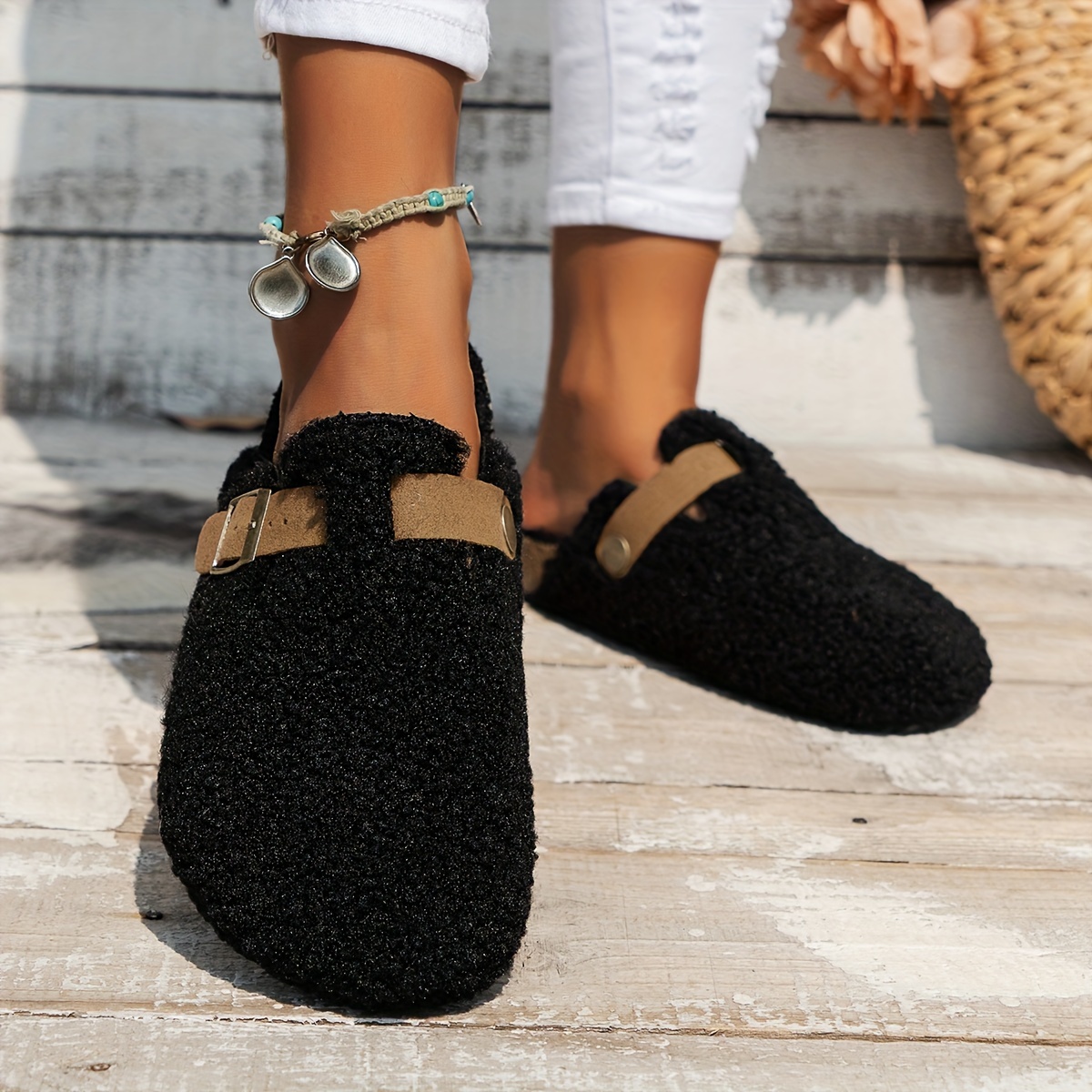 womens solid color fuzzy mules slip on soft sole lined warm shoes winter non slip plush shoes details 6