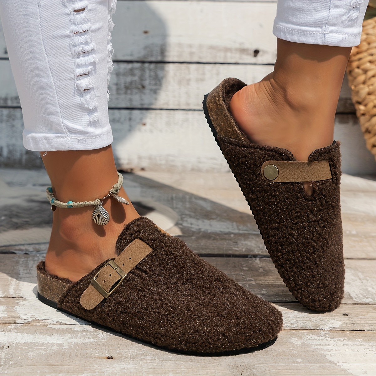 womens solid color fuzzy mules slip on soft sole lined warm shoes winter non slip plush shoes details 12