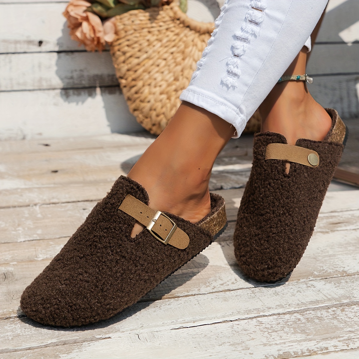 womens solid color fuzzy mules slip on soft sole lined warm shoes winter non slip plush shoes details 14